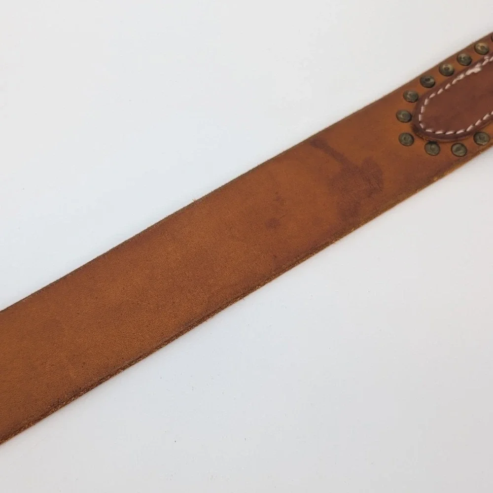 Lucky Brand Studded Leather Belt Womens 32 Brown Western Brass Buckle Boho Indie